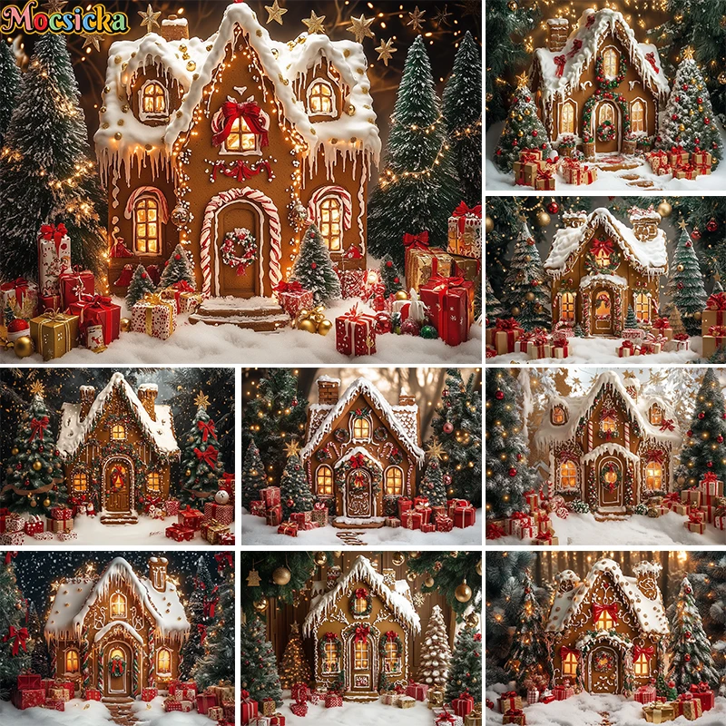 

Mocsicka Photography Background Winter Xmas Gingerbread House Glitter Christmas Tree Decor Kids Portrait Photo Backdrops Studio