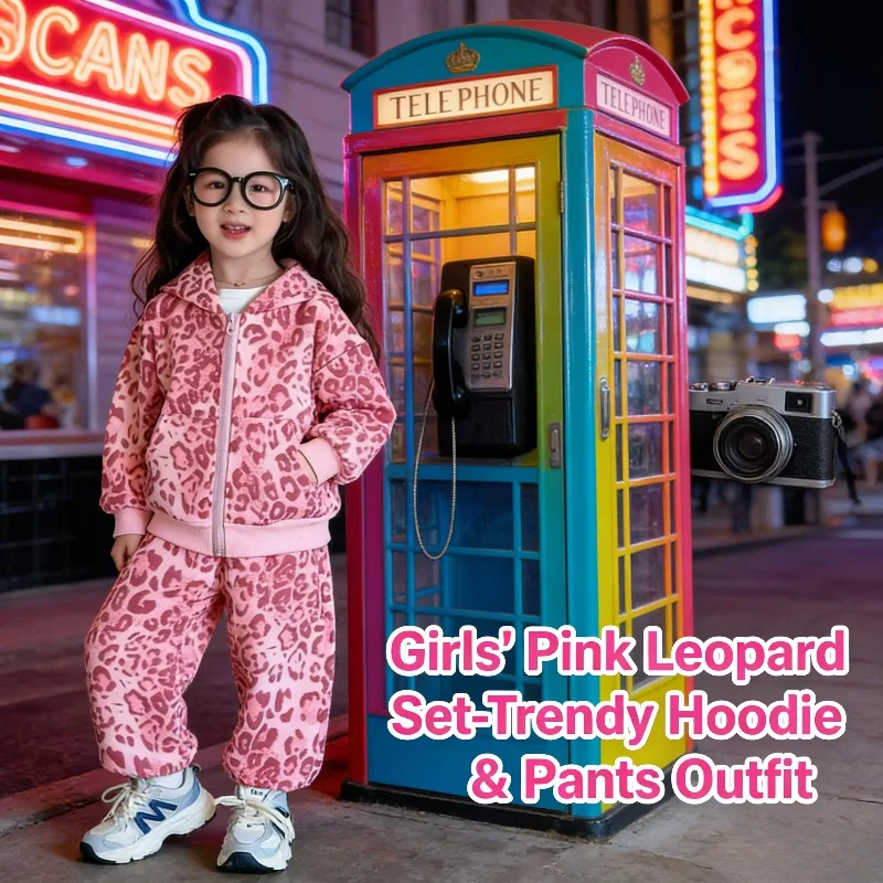 

Новинка весны 2025 года, модная одежда для маленьких девочек, куртка из двух предметов с леопардовым принтом, стильная детская весенняя одежда