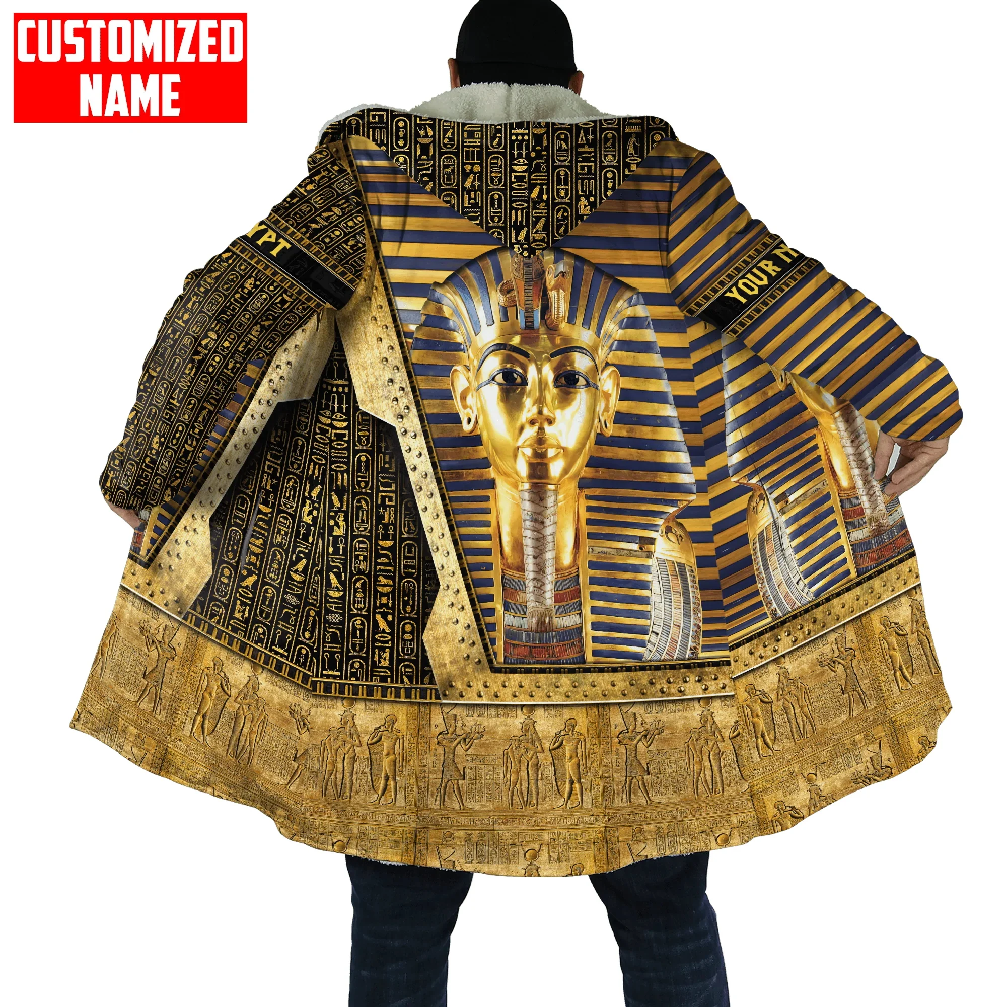 Winter Fashion Men cloak Custom name Ancient Egypt Pharaoh 3D Print Thick Fleece Hooded cloak Unisex Casual Warm Cape coat DP35