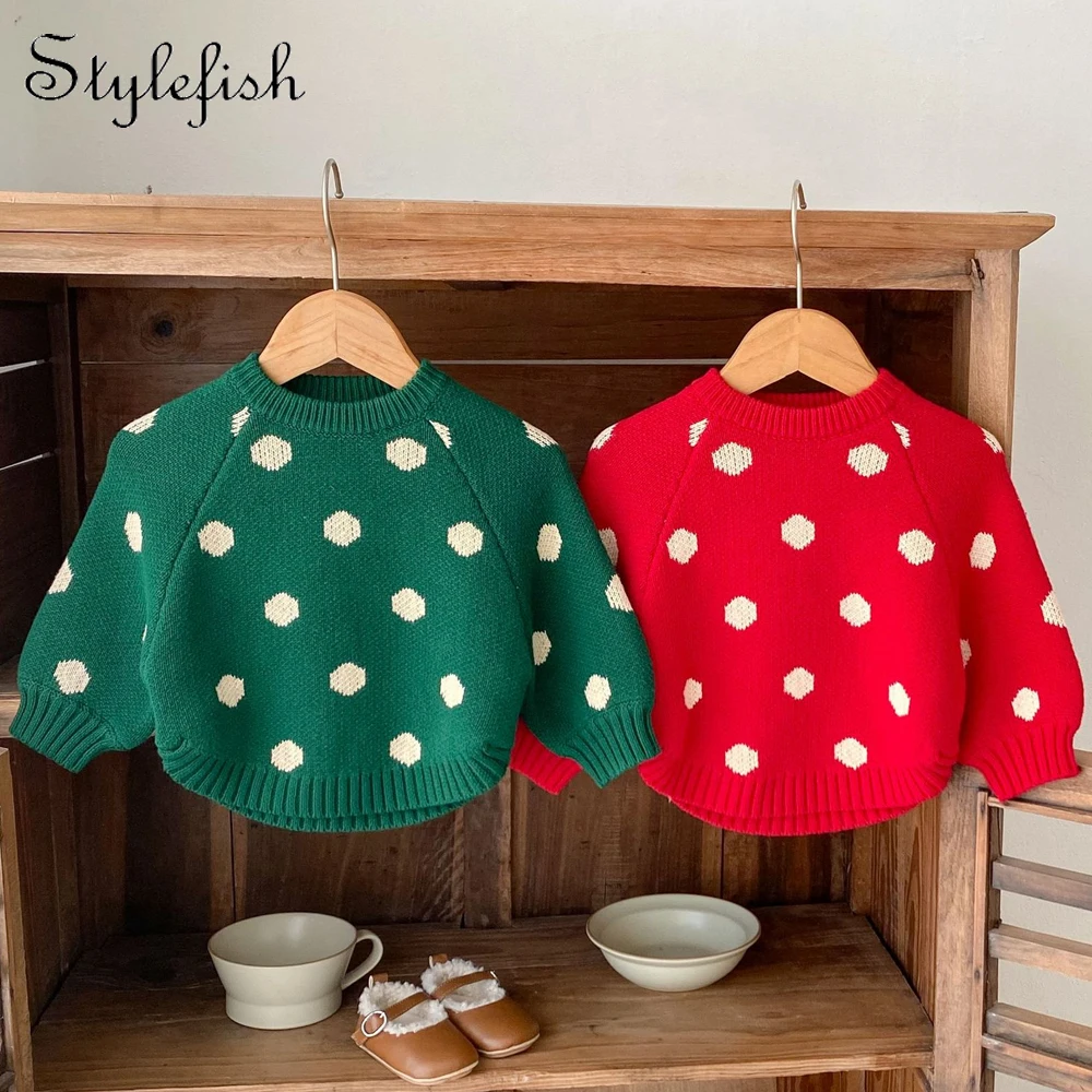 Autumn new style baby clothes for 0-3 years old baby clothes for baby girls with big wavy dots jacquard knitted pullover