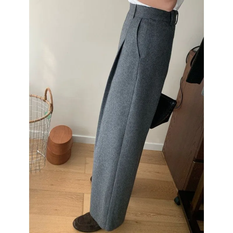 冬の新作スリムで多用途な厚手のルーズウールパンツ、女性用シンプルで上品なワイドレッグパンツ
