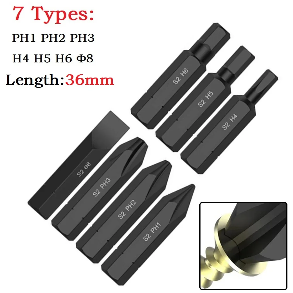 7Pcs Screwdriver Bits 36mm S2 Hex Shank Electric Impact Cross Screwdriver Bit PH1/PH2/PH3/H4/H5/H6/Φ8 Carpentry Woodworking Tool