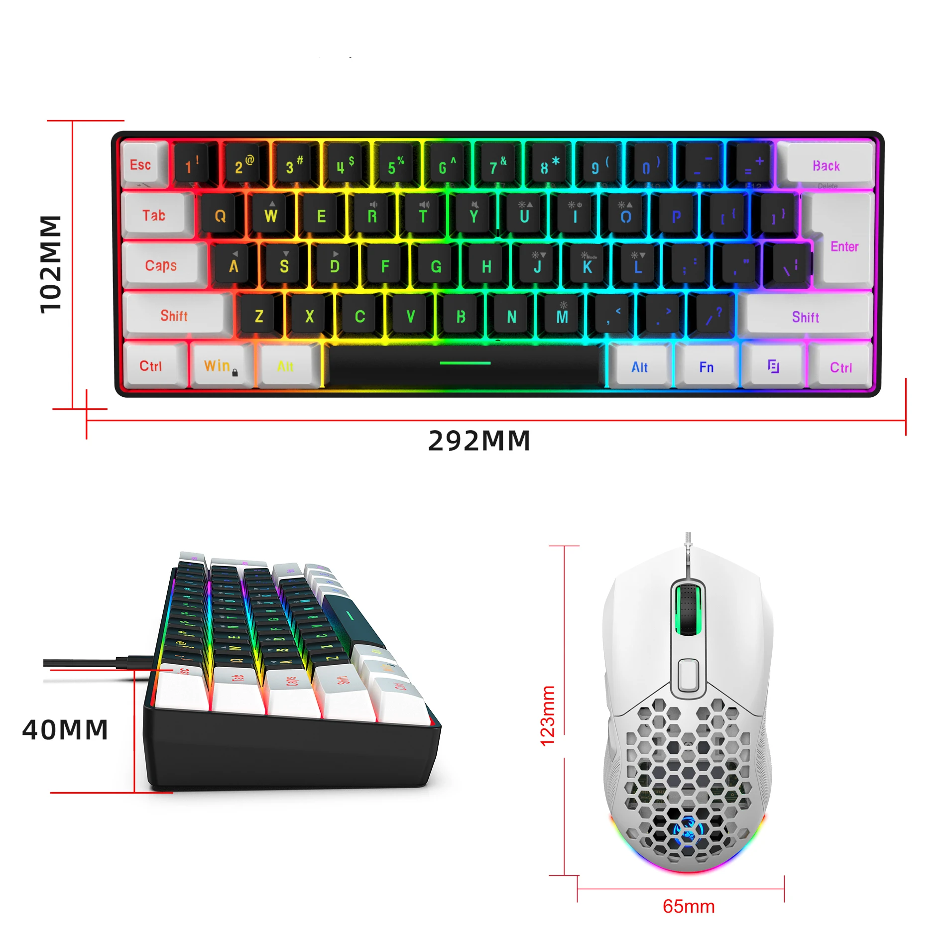 Compact RGB Keyboard and Gaming Mouse Combo - White & Black 61-Key Mini Wired Keyboard Ergonomic Design, Mouse Cover