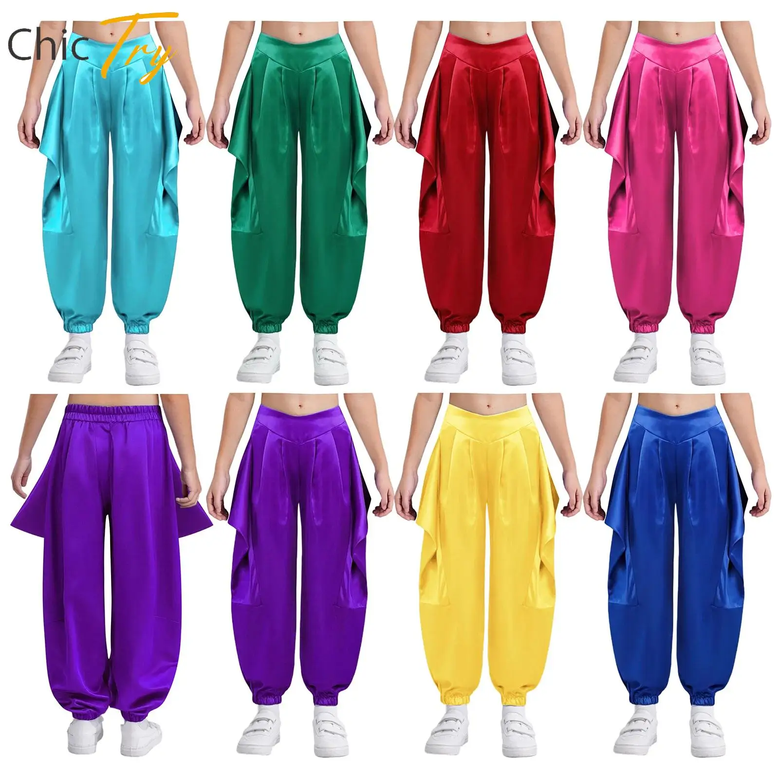 

Children Kids Girls Solid Color Ruffled Half Elastic Waistband Belly Dance Harem Pants Dance Outfit for Performance Fancy Party
