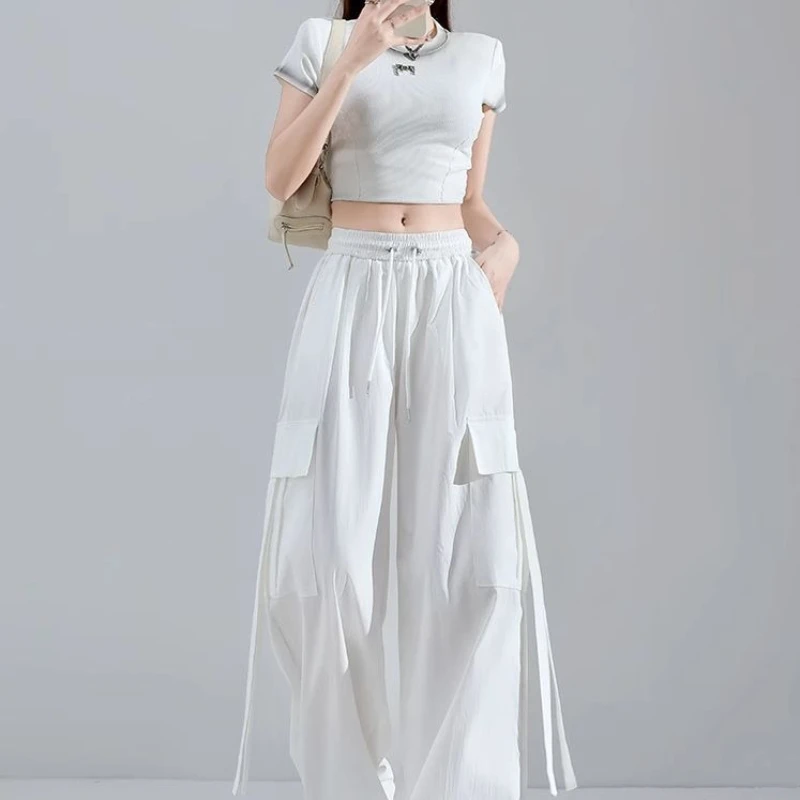 New 2026 Summer Women's Cargo Pants High Rise Wide Leg Pure Color Fast Drying Elegant Daily Commuter Pants