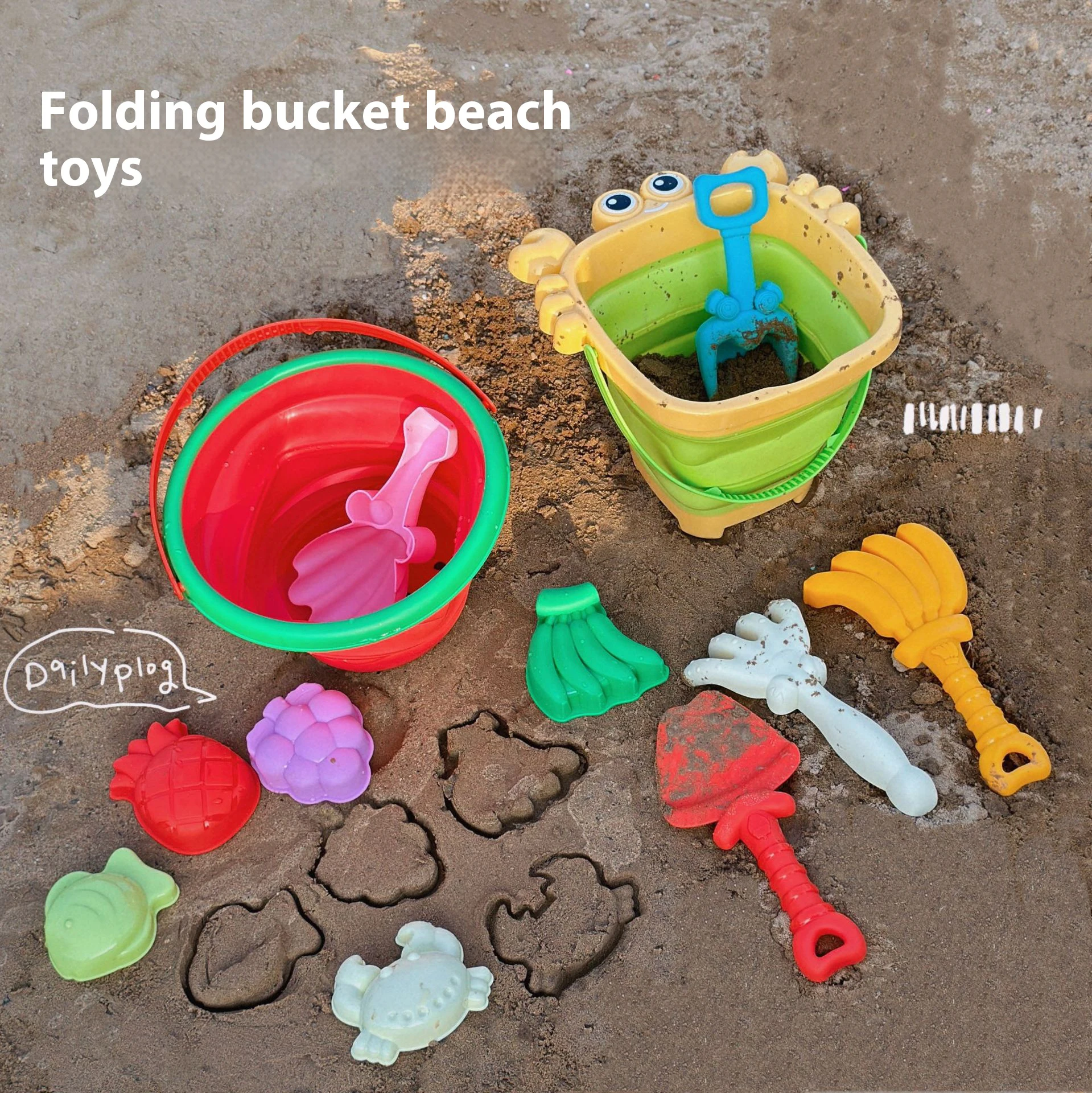 Conjunto de brinquedos de praia com balde dobrável, ferramentas criativas de areia e moldes de frutas - perfeito para brincar e viajar