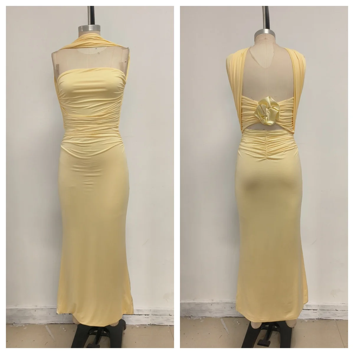 Elegant Yellow Strapless Ruched Long Dress – Sophisticated Bodycon Garden Gown with Choker Neckline | Perfect for Formal Events