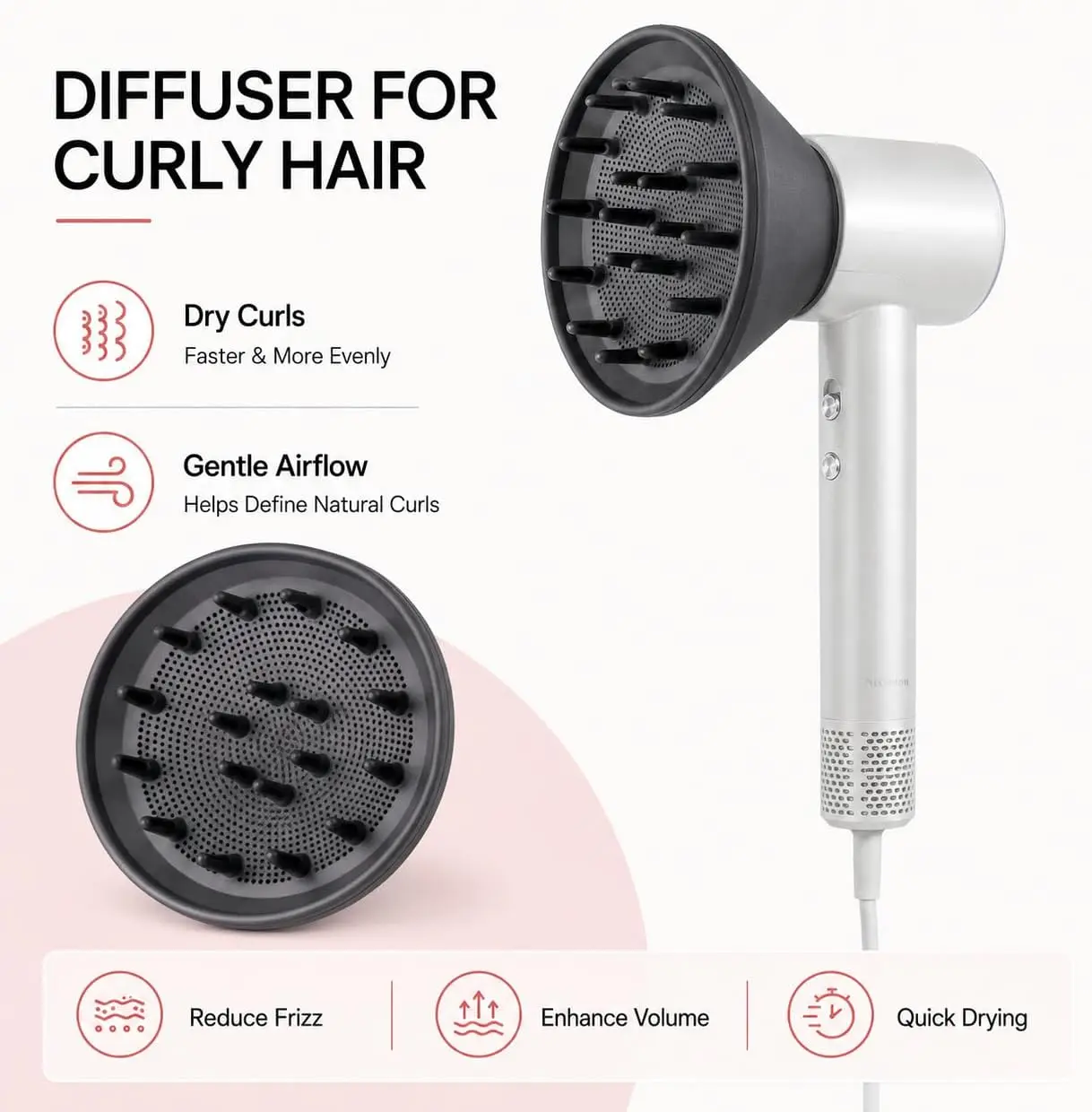 High Speed Hair Dryer Diffuser 160000 RPM Brushless Motor Fast Drying Magnetic Smoothing Nozzle Lightweight Low Noise Curls Wave