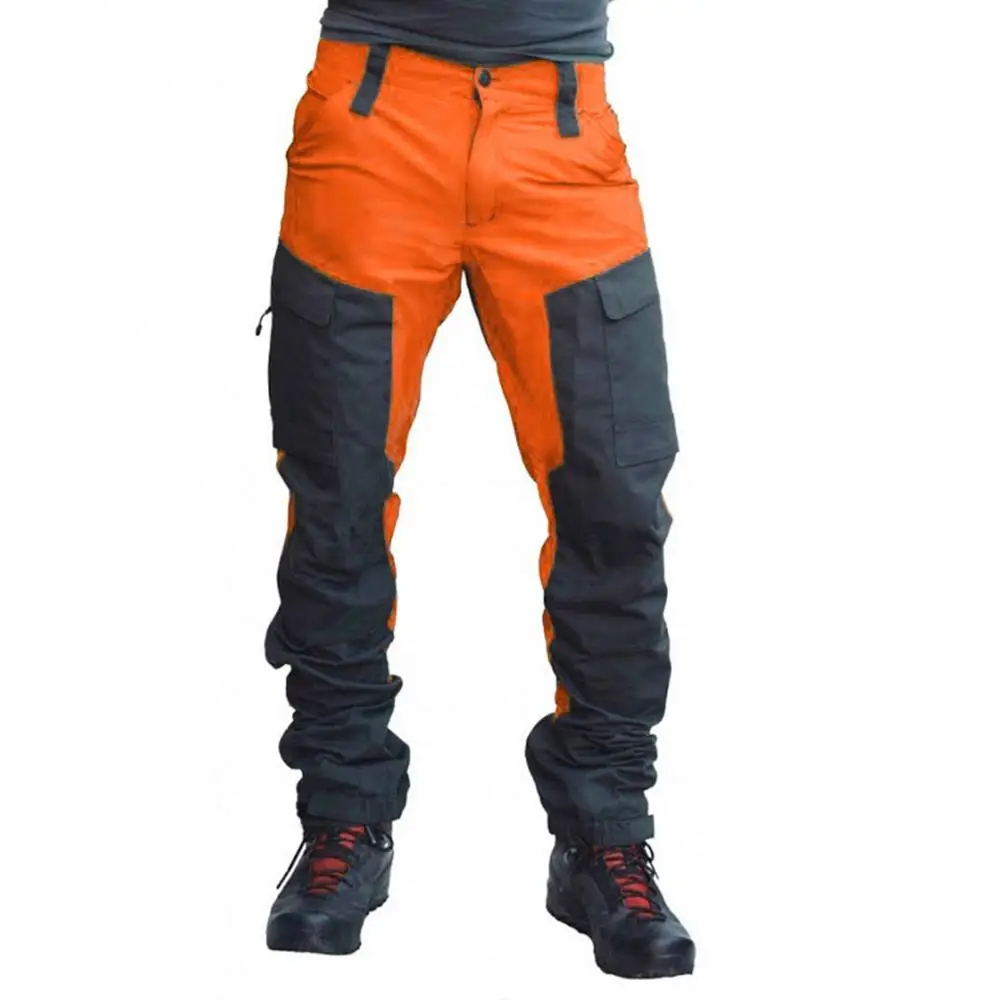Nylon Men Cargo Pants Color Block Multi Pockets Sports Pants Work Trousers Outdoor Hiking Trekking Joggers Pants