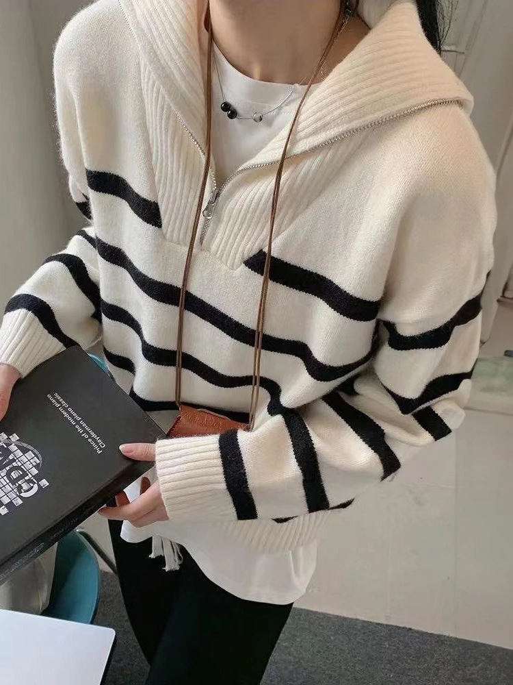 

Sweater Pullover Women Spring Autumn Basic Knit Tops 2025 New Zipper Stripe Underlay Female Korean Short Sweater Jumper Knitwear