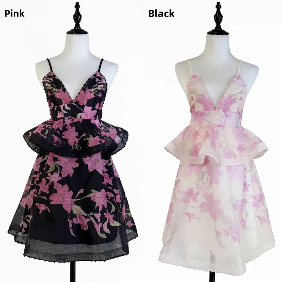 Novo Vestido Midi de Verão com Estampa em Camadas, Cintura Alta com Alça, em Fibra de Poliéster Antienvelhecimento, Modelo V-Ne A-Line