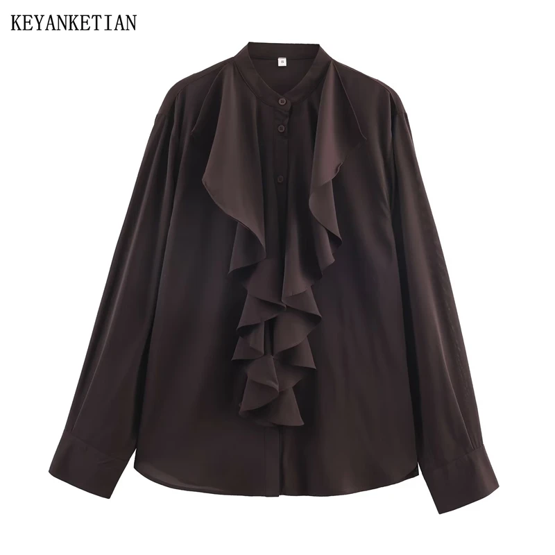 

KEYANKETIAN 2026, весенняя новая женская многоярусная рубашка с оборками и украшением, однобортные темно-коричневые блузки в стиле ретро с длинными рукавами