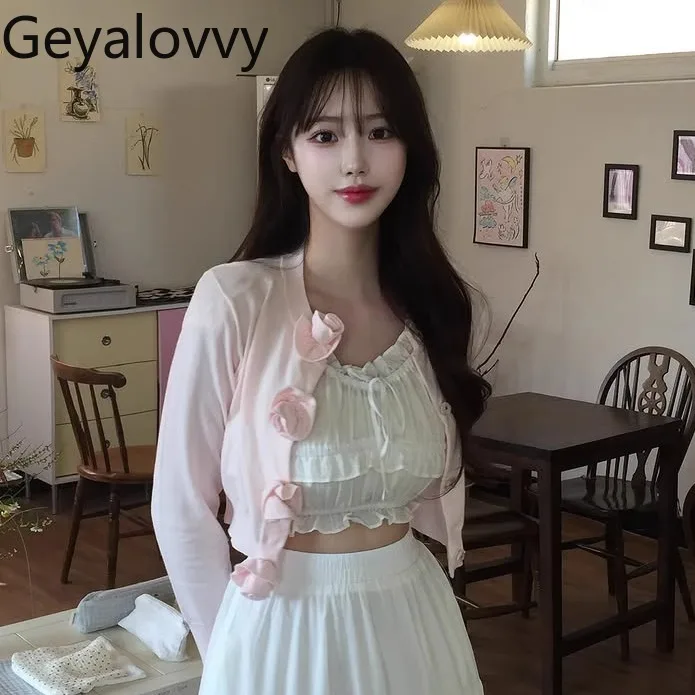 Cardigan a maniche lunghe sottile versatile per ragazze dolci in stile giapponese, girocollo, fiore fatto a mano, maglione lavorato a maglia corto in tinta unita