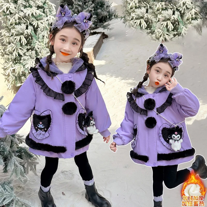 

Anime Kuromi Girls' Fleece-Lined Hooded Jacket Thick Outerwear Windbreaker Kawaii Fall Winter Kids Clothing Thicken Warm Coat