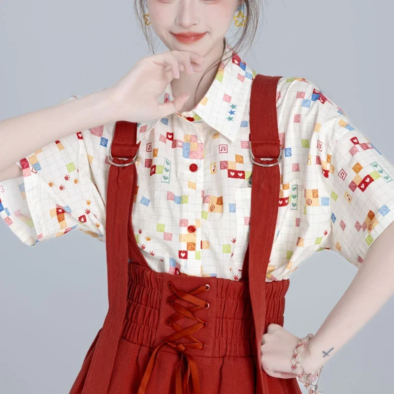 2024 New Sweet College Style Brick Red Overalls Summer Thin Loose Wide Leg Shorts For Girls