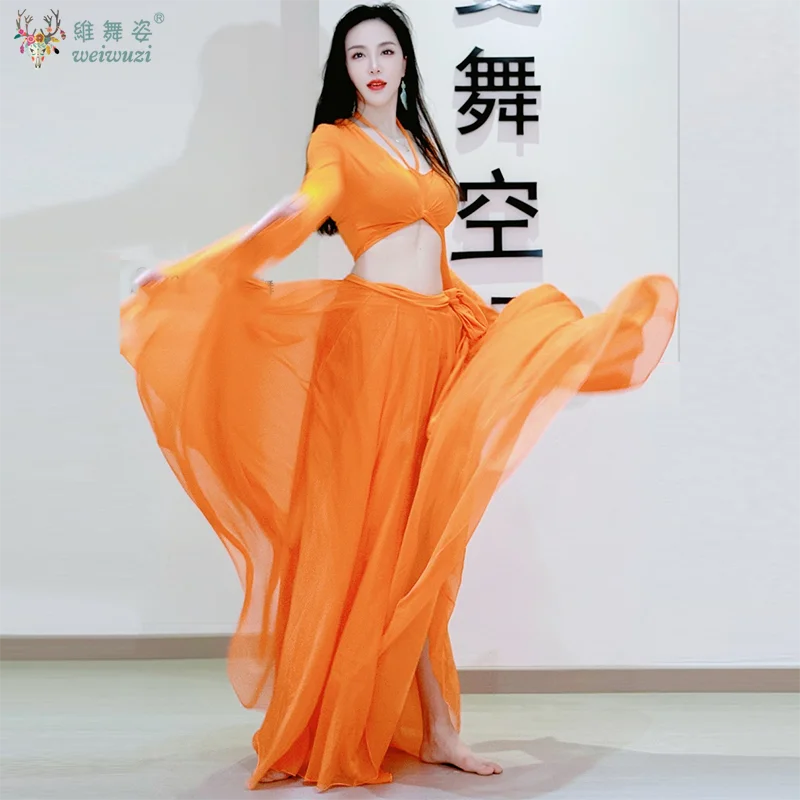 Traje elegante para danza del vientre, Top con tirantes, mangas con hombros descubiertos, falda dividida, ropa de práctica, ropa de actuación de danza Oriental para adultos