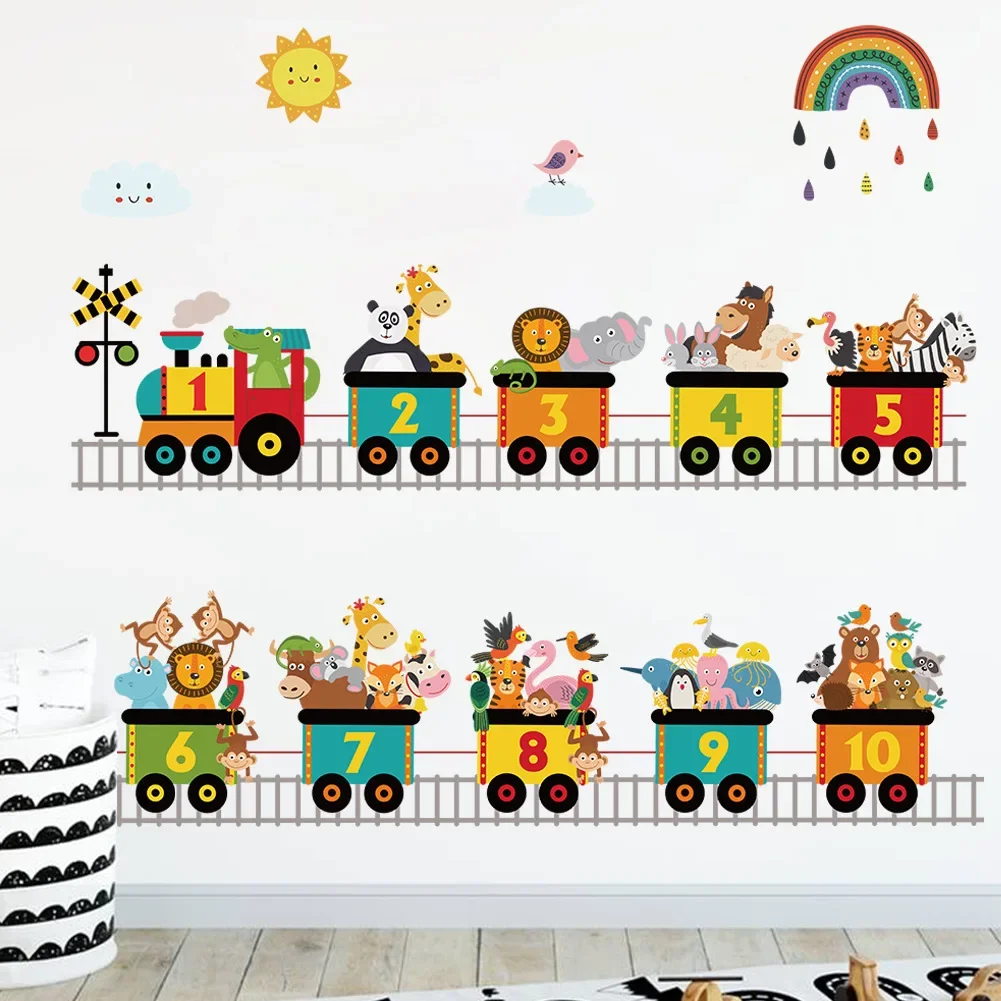 Cartoon Train Animal Car Traffic Transport Wall Sticker PVC Rainbow Balloon Wall Decals for Nursery Kids Living Room Decors