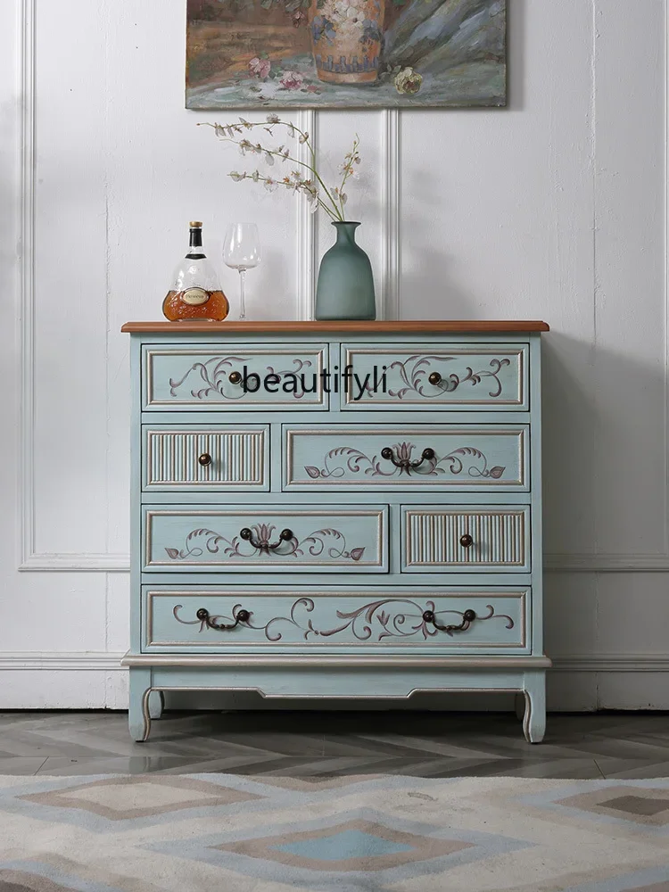 Country American Painted Retro Bedroom 7-Drawer Cabinet Solid Wood Living Room Multi-Functional Hallway Chest of Drawer