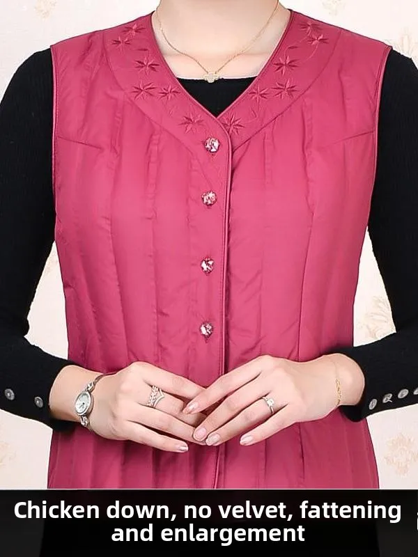 中国製 Sle 軽量刺繍入りダウンベスト レディース 暖かい中綿入りベスト 中年のお母さん向けアウターウェア