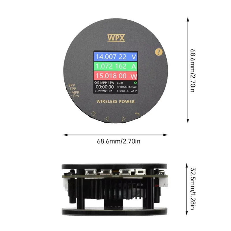 ABLJ 新型 1.54インチ LCDカラースクリーンディスプレイ パワーメーターテスター 磁気ワイヤレス充電 Qi2 MPP25W 電圧電流