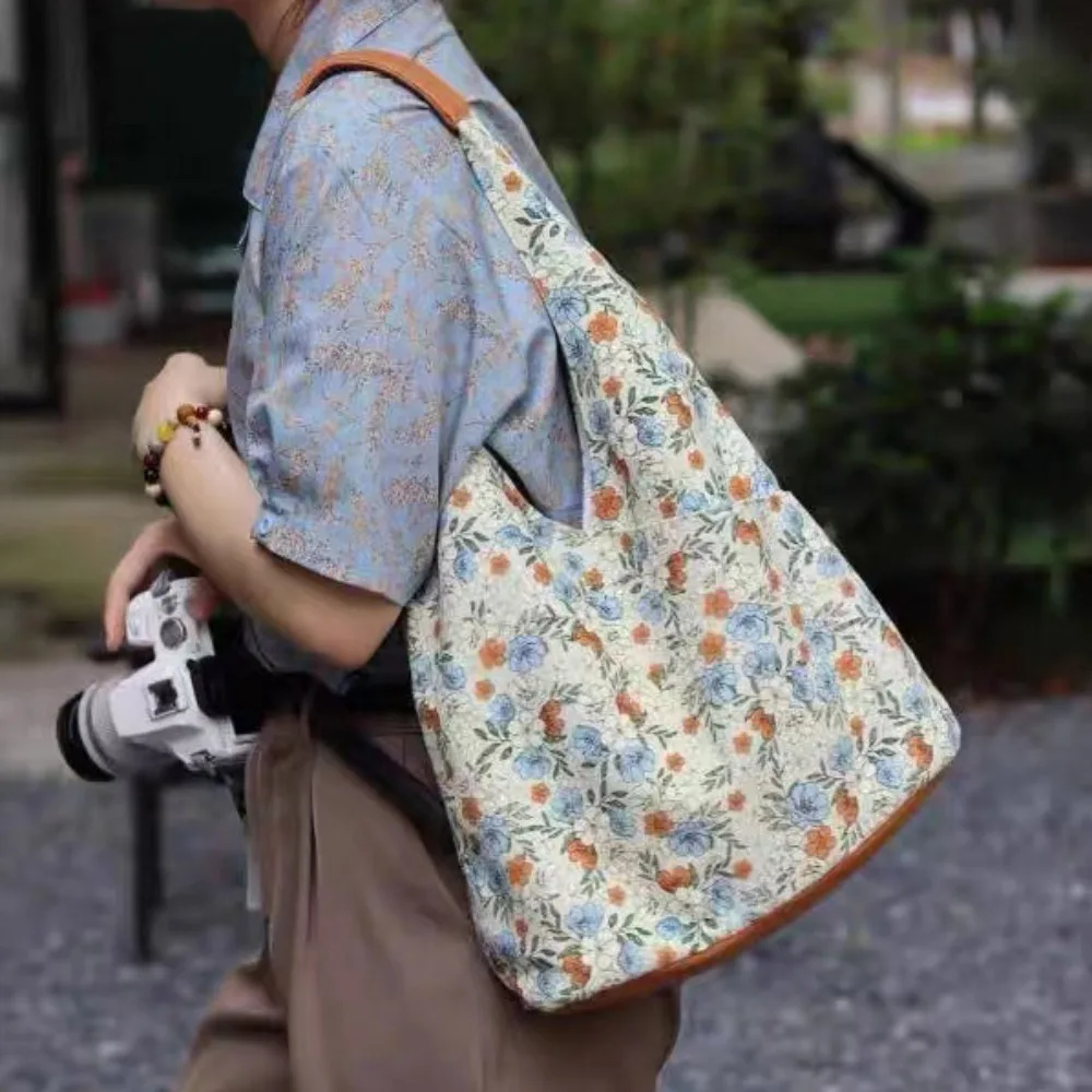 女性のためのレトロな花柄のハンドバッグ,大容量,かわいいキャンバストートバッグ,ポータブルショルダーバッグ,韓国スタイル,ショッピングバッグ