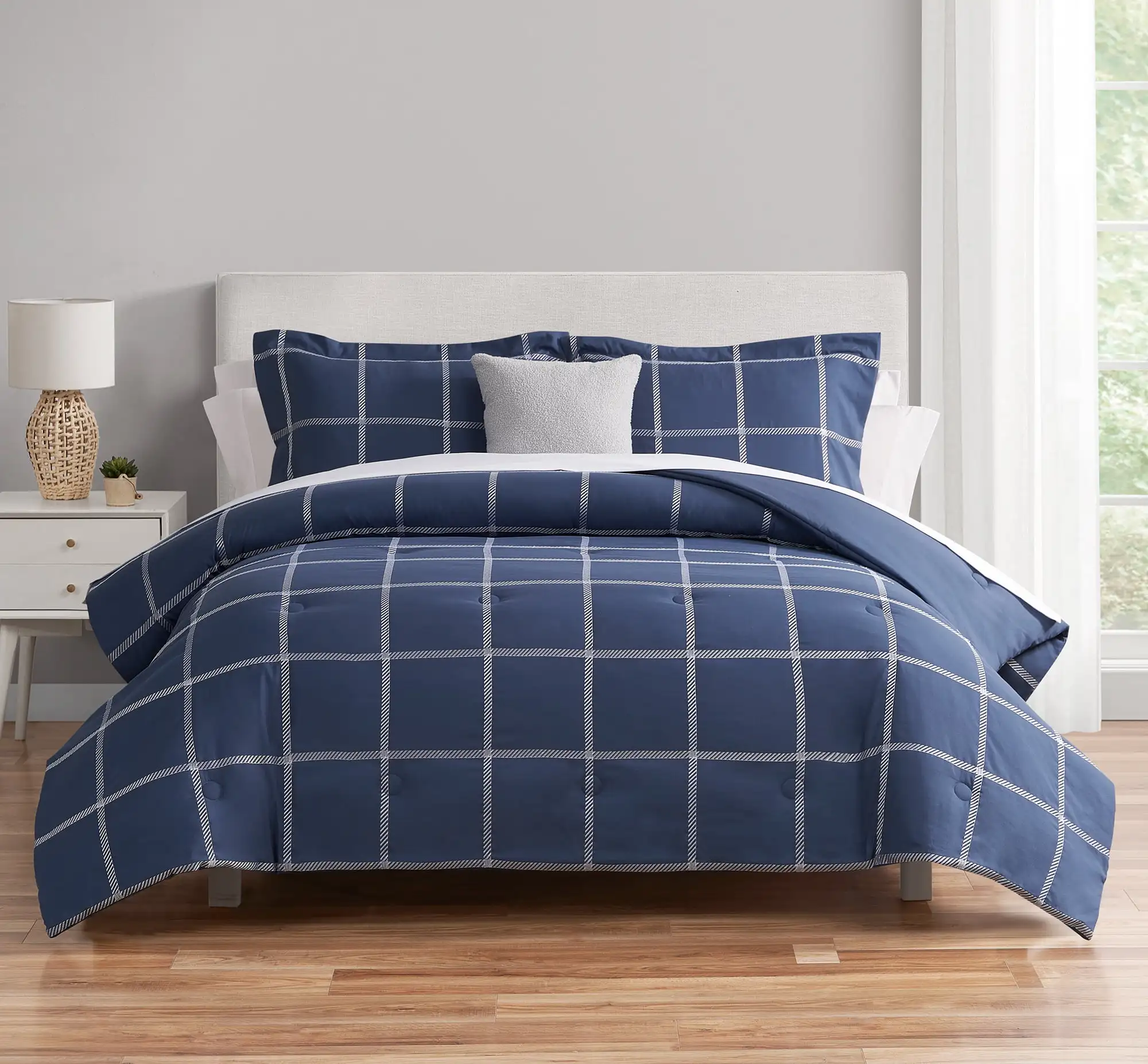 Navy Windowpane 10-Piece Bed-in-a-Bag Comforter Set Including Fitted Sheet Flat Sheet Pillowcases