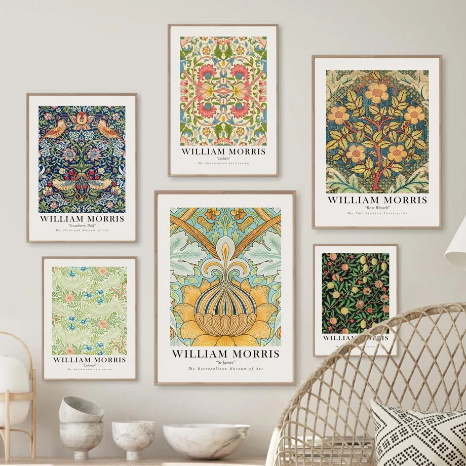 William Morris Rose Wreath Cross Stitch Pattern Wall Art Print Canvas Painting Vintage Floral Poster Decor Pictures Living Room