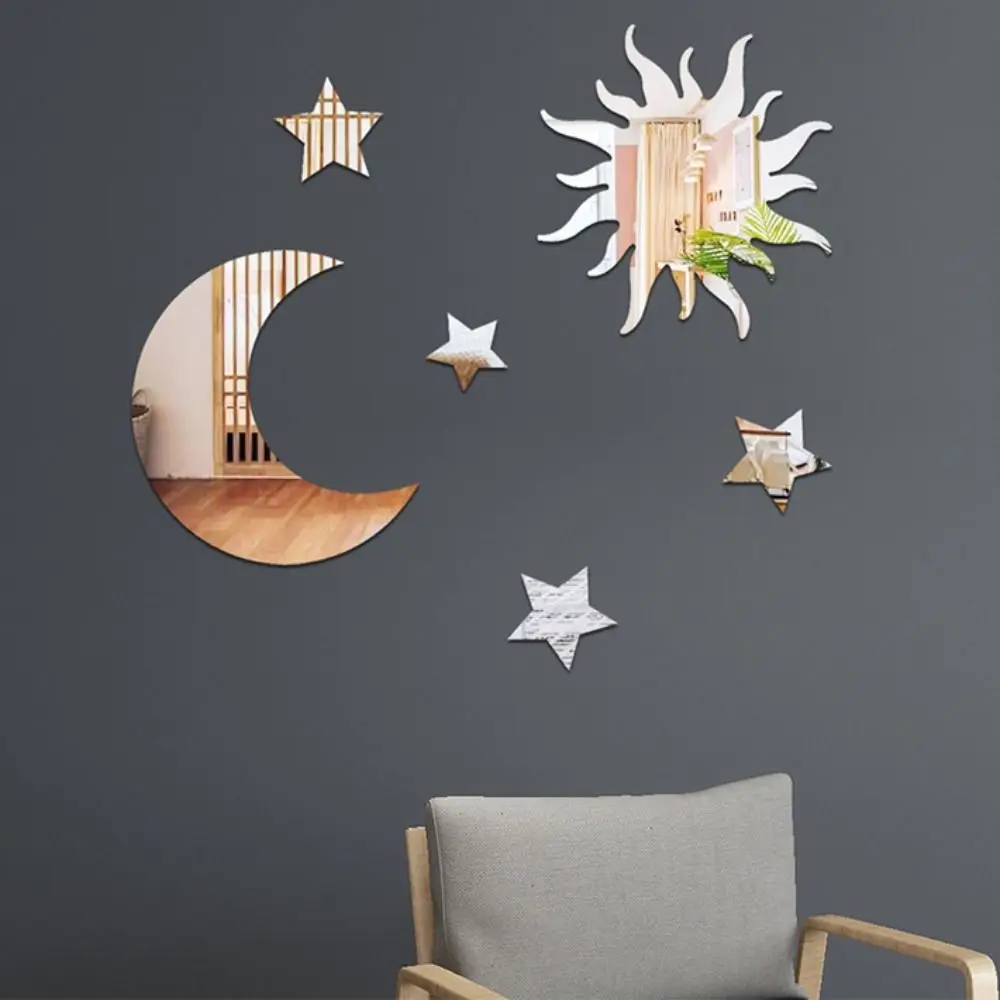 6pcs/set Creative Mirror Star Mirror Wall Sticker DIY PVC Moon Combination Decal Moon Star Mirror Art Decal Bedroom