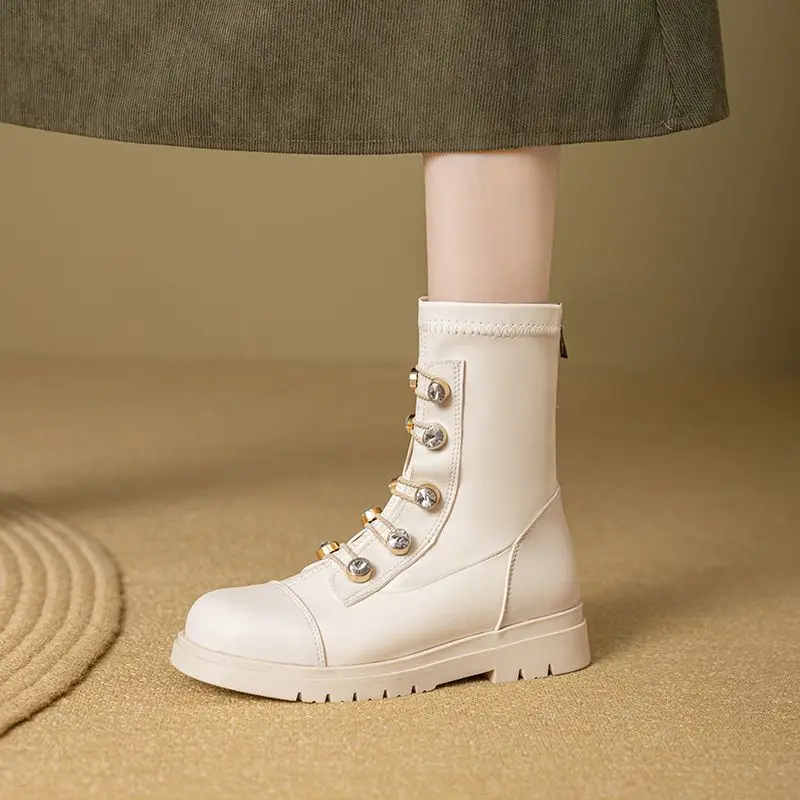 

ORCHALISA Brand Leisure Women Boots Round Toe Flats Zipper Rhinestone Small Size 31 32 33 Soft Daily Female Knight Bota 41 42 43