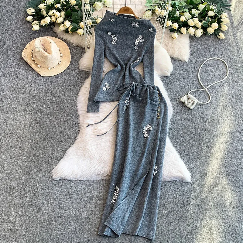 

Sequins Floral Design Set Irregular Long Sleeve Top+Drawstring Split Long Skirt Autumn Beading Knitted Women 2Pcs Sets