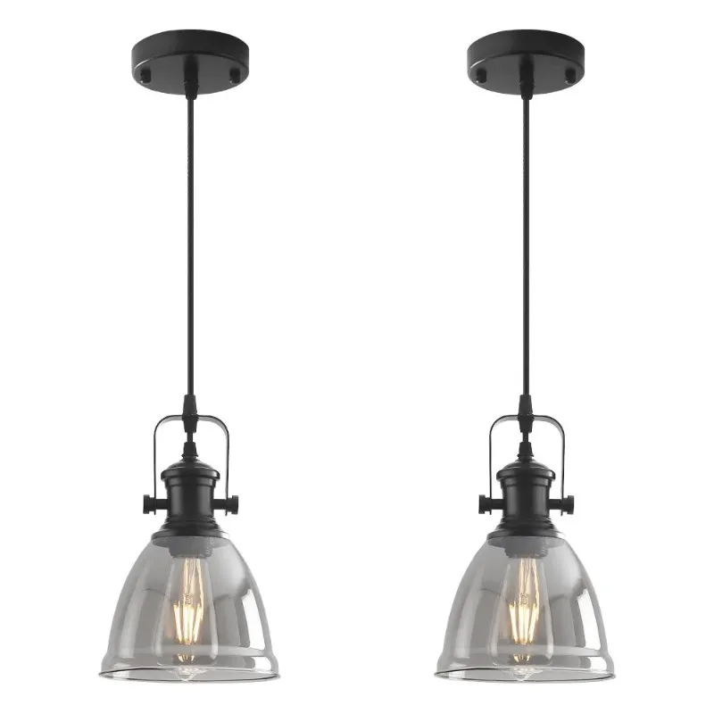 2-Pack Industrial Glass Pendant Light Smoke Gray Glass Shade Black Metal Hanging Lamp E26 Base Adjustable Cord For Kitchen Island Dining Room Farmhouse Ceiling Lighting