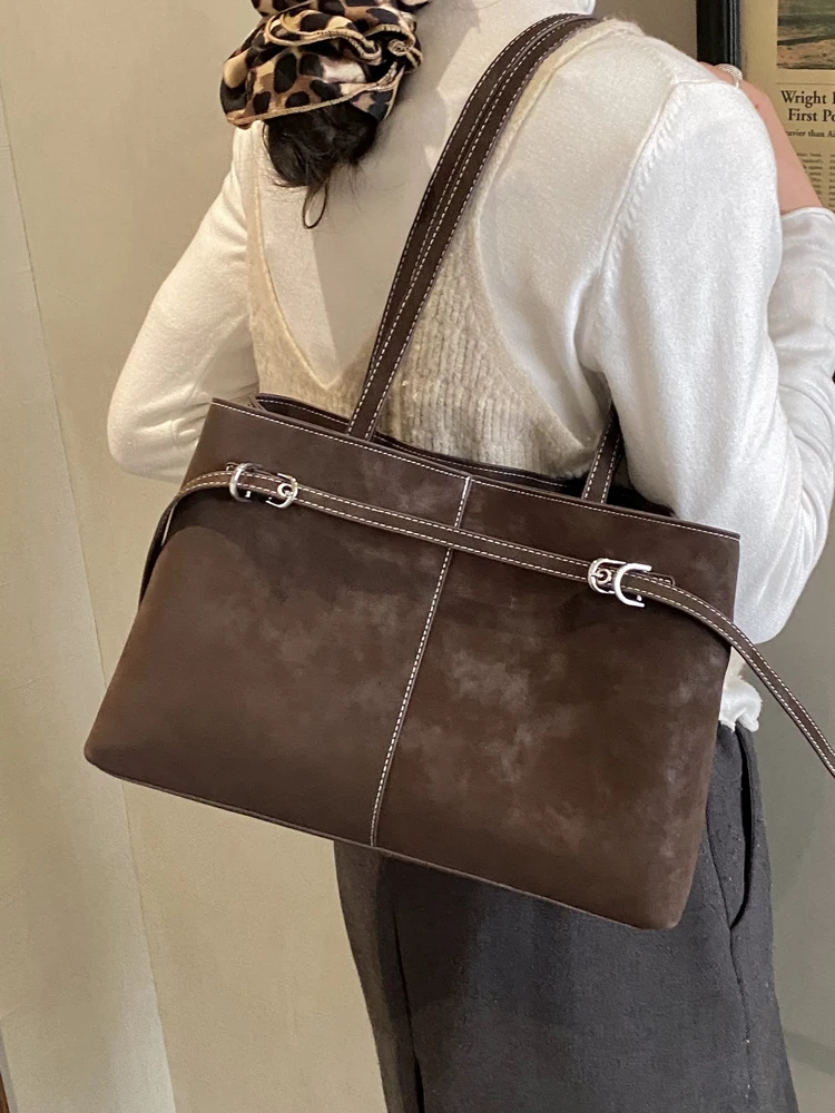 

Large Capaci Retro Women's oulder Bag Commuter Tote Bag Double Strap Magnetic Bule Closure Soft Surface Pure Color