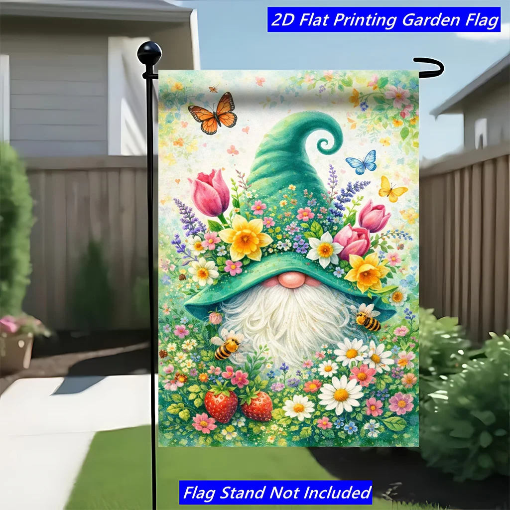2D Flat Flag 1 Piece, Flower Hat Dwarf Spring Garden, Celebration Decoration Garden Flag, Polyester Lawn Decoration, Courtyard Outdoor Flag, Suitable for Courtyard and Terrace Decoration, Scene Decoration, Excluding Flagpole, Single-sided Printing