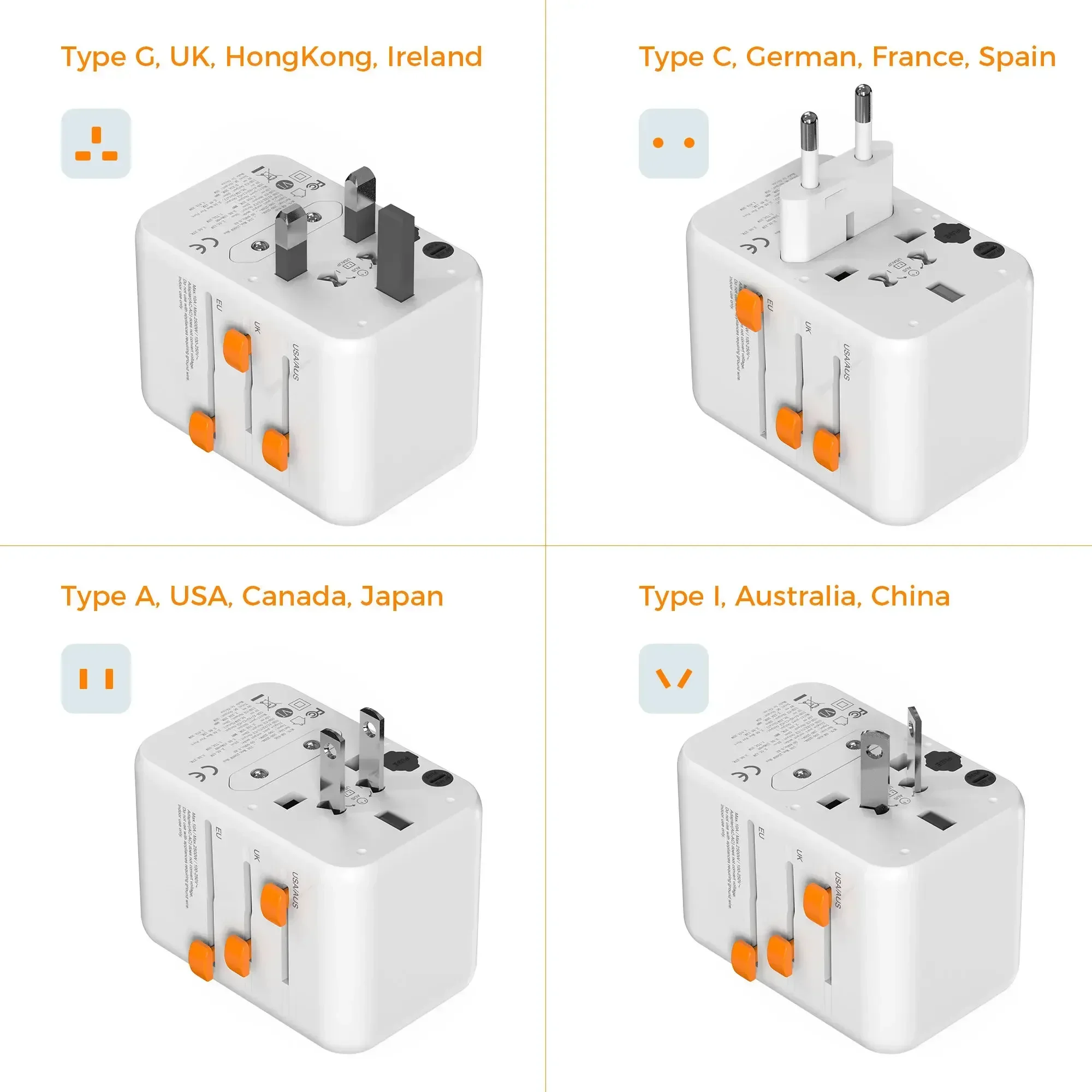 TESSAN 65W GaN Travel Adapter Universal Socket with 2 USB 2 Type C Fast Charging Power Adapter EU/UK/USA/AUS Plug for Travel