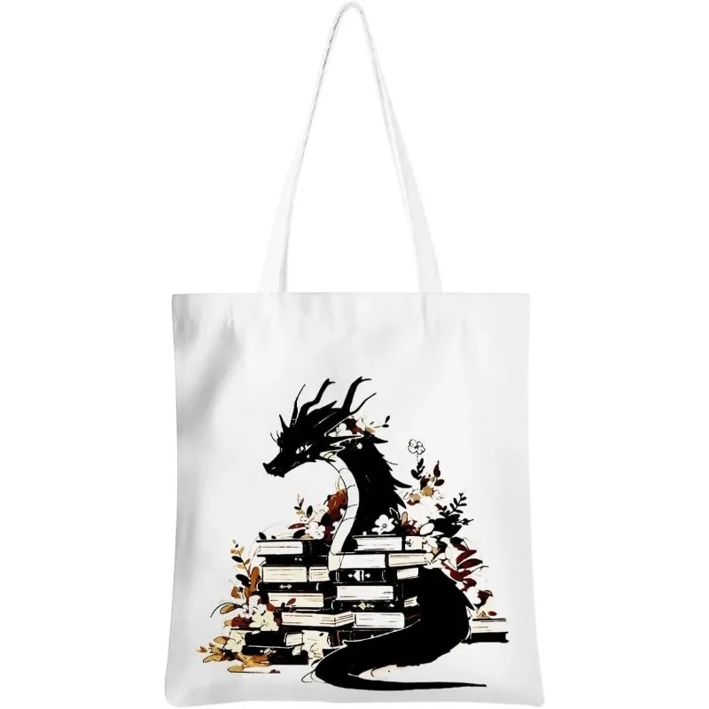 الخيال دودة الكتب حمل حقيبة قابلة لإعادة الاستخدام حقيبة تسوق حقيبة حمل على الشاطئ التنين دودة الكتب هدية كتاب نادي حمل هدية لمحبي الكتاب #3
