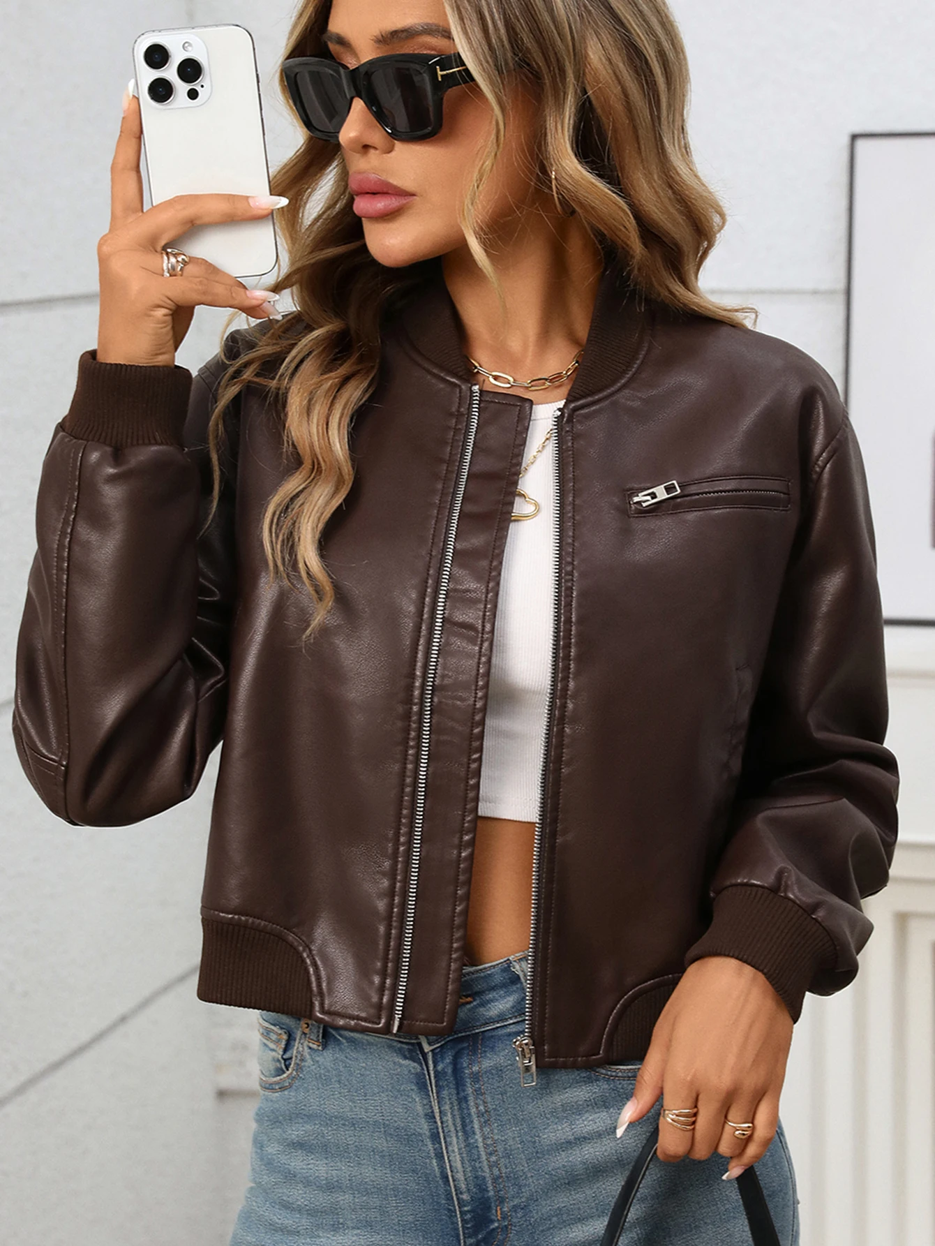 여성용 인조 가죽 봄버 모토 바이커 재킷 짧은 Y2K PU 아우터 크롭 코트