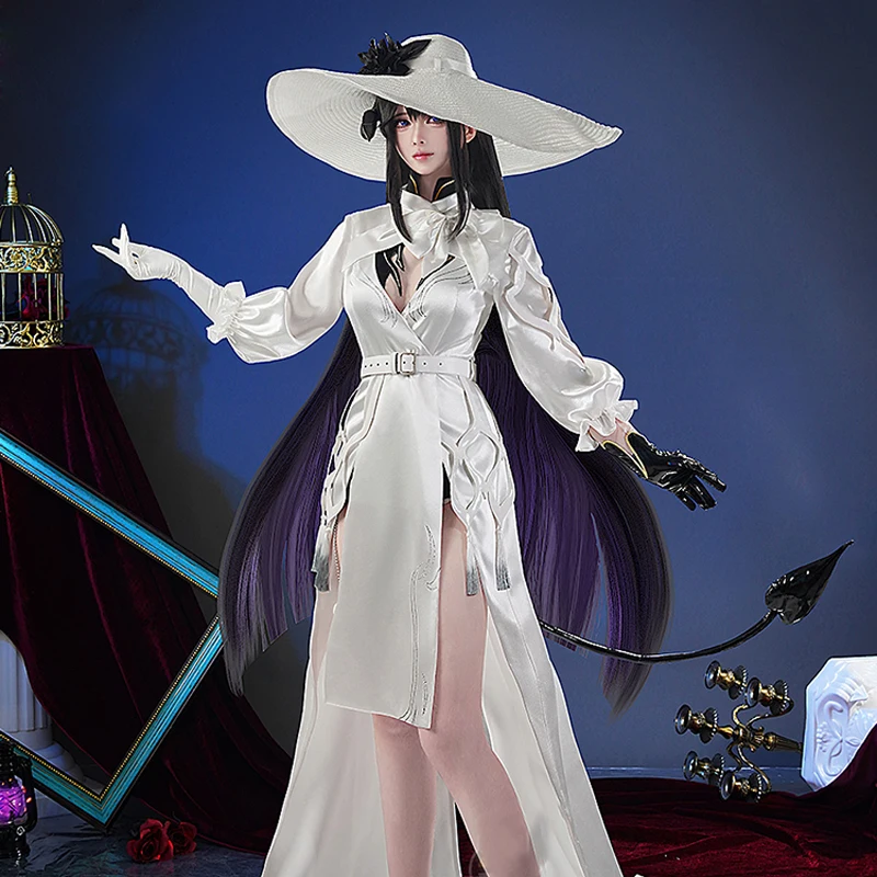 

In Stock Honkai Star Rail cos Constance Cosplay The Dahlia White Retro Big Hat long Dress Female Outfit A