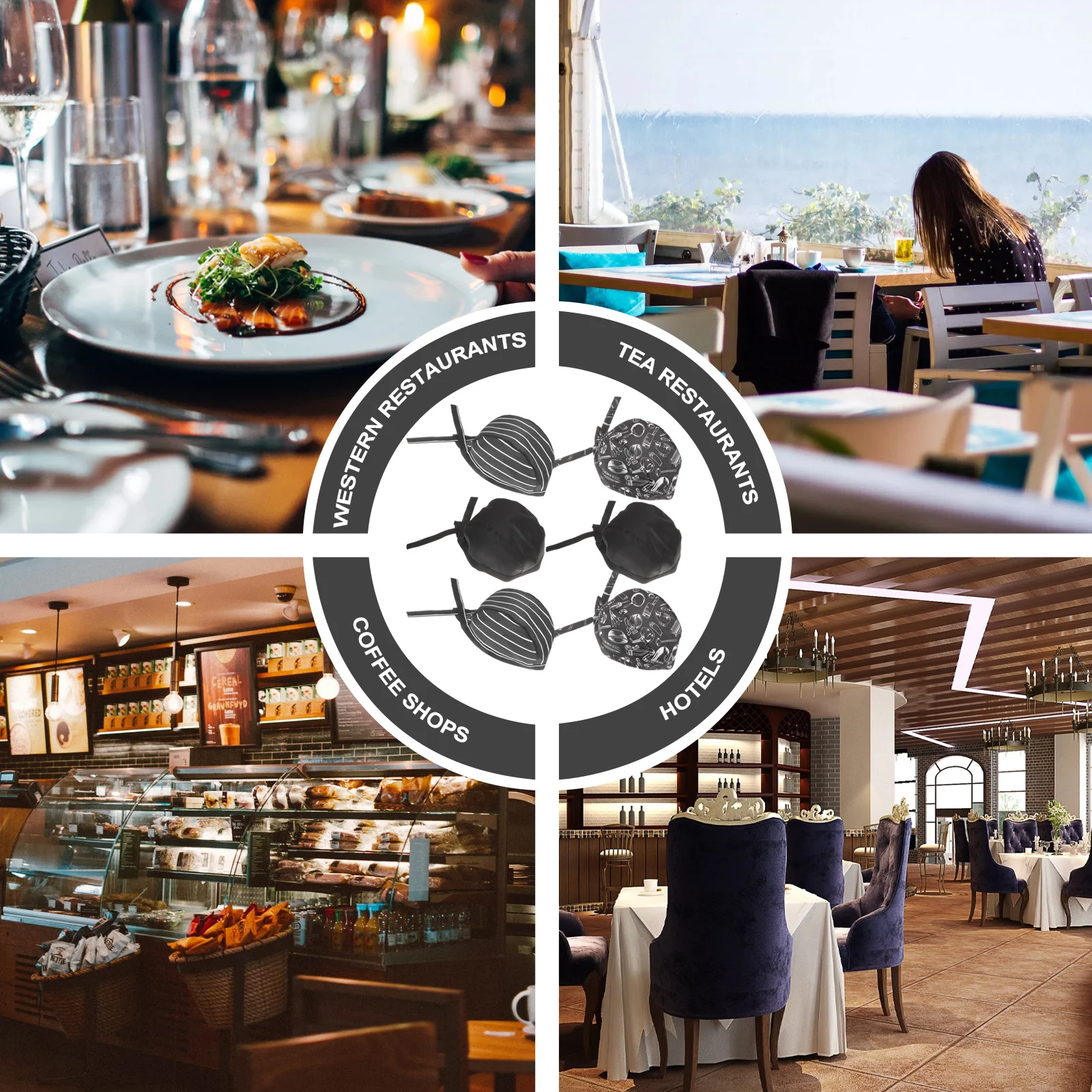 6pcs Chef Work Hats Unisex Adjustable Kitchen Hats Black White Stripes Fork Spoon Prints Hair Control Catering Restaurant Cloth