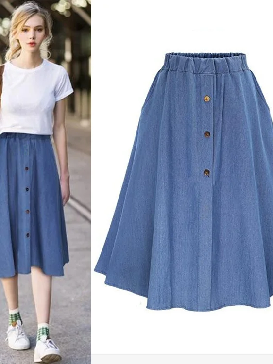 

Свободная женская джинсовая юбка миди А-силуэта с пуговицами и эластичным поясом, летняя, для прогулок по городу, фасон «летучая мышь»