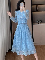 French Temperament Lace Flower Embroidery 2 Piece Set Women Long Sleeve Pearls Buttons Crop Top +  A-line Midi Skirts Sweet Suit