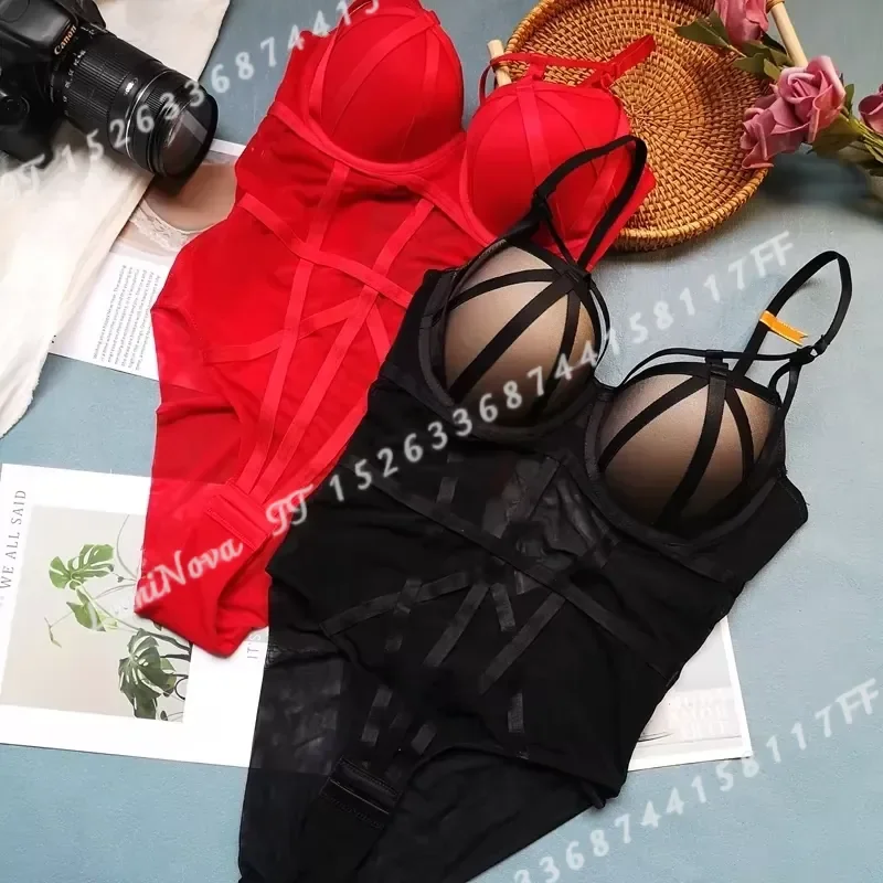 for MOYISU Sexy Shapewear Bodysuit Women Transparent Mesh Lingerie Teddy with Push Up Bra Strap Hot Sale Body Shaper Free