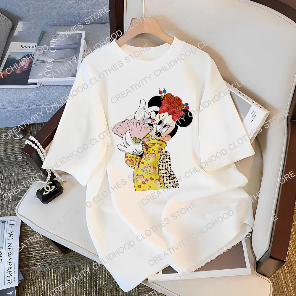 Mickey Minnie Disney Cotton T-shirt Cartoons Women Men Tee Shirts Kawaii Casual Clothes Unisex Couples Streetwear Harajuku Tops