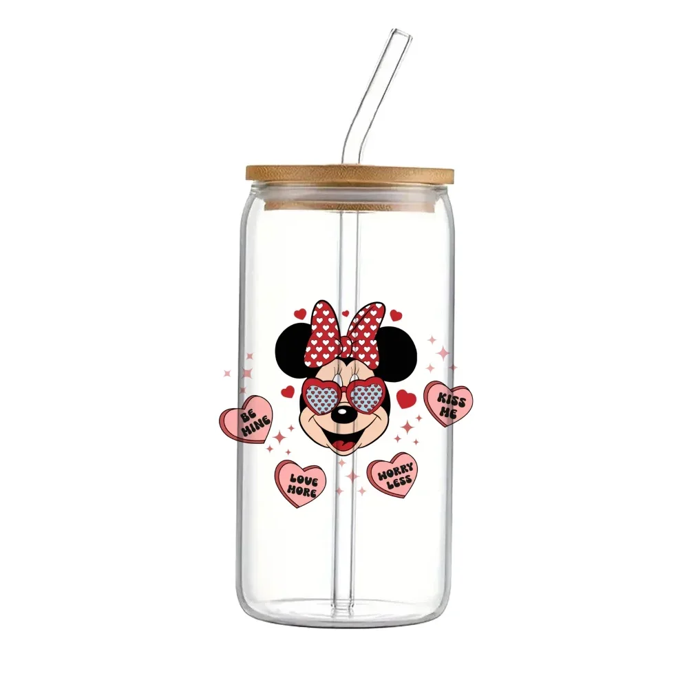 11x12cm Mini Valentine's Day Disney Cartoon Mickey Pattern UV DTF Waterproof Transfers Decals For 16oz Glass Cup Wrap Stickers