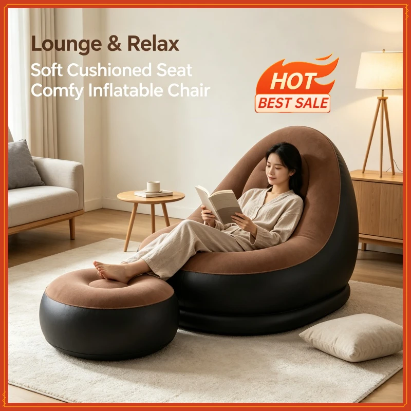 2Pcs Inflatable Chaise Lounge Portable Recliner Sofa with Footstool Outdoor Camping Garden Leisure Ottoman Chair