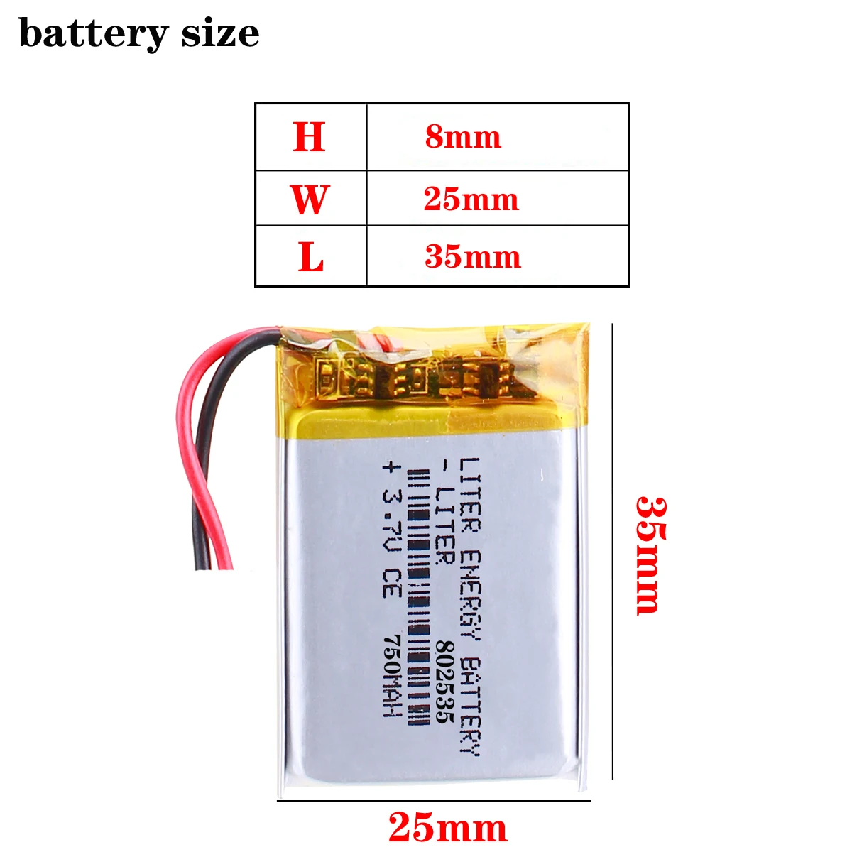 802535 3.7V 750mAh 082535 Lithium Polymer Li-Po Li Ion Rechargeable Battery Cells for MP3 MP4 MP5 GPS PSP Mobile Bluetooth