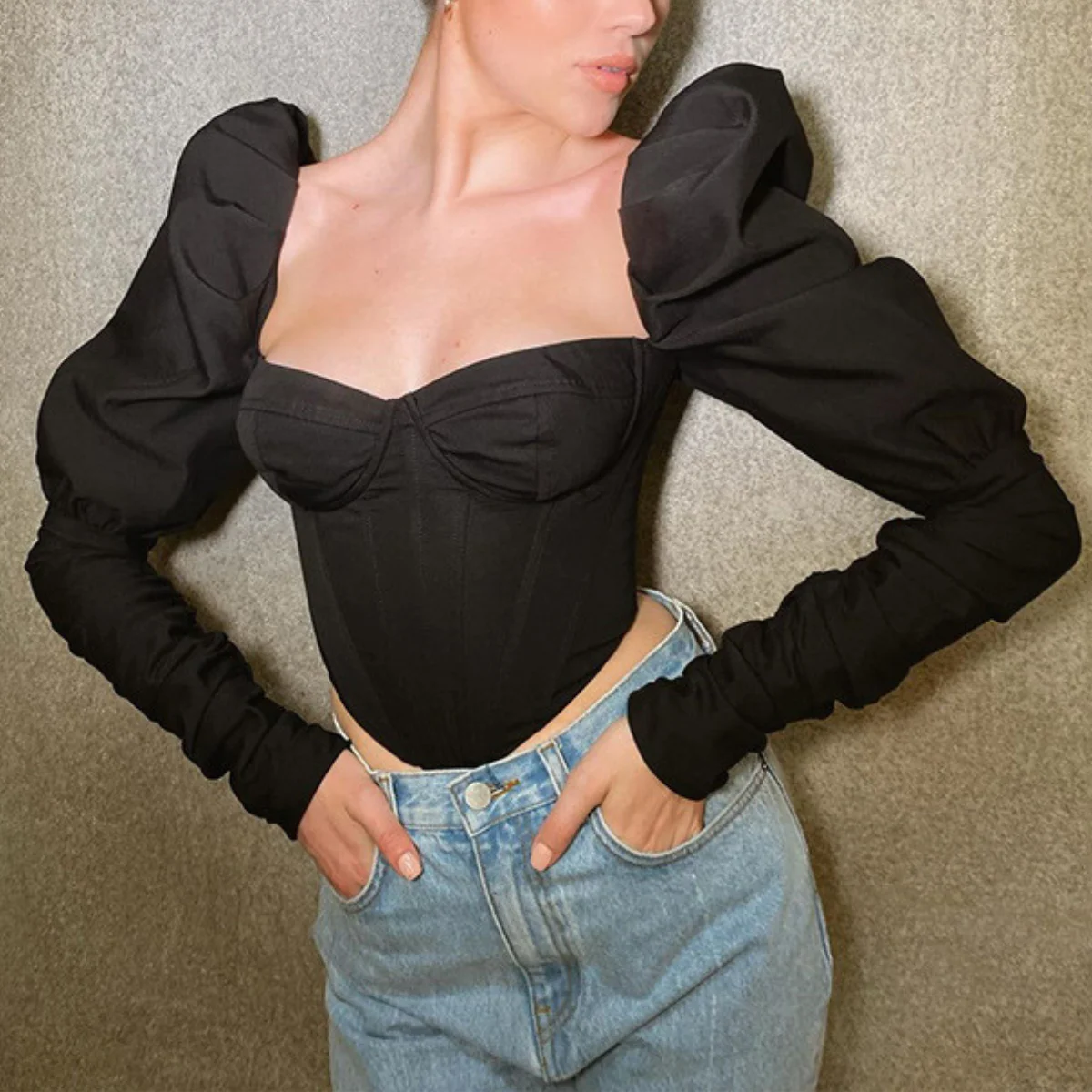 Women Vintage Elegant Long Sleeve Square Neck Camisole Corset  Slim Fit Sexy Bustier French White Top Lingerie Tank Tops T-shirt