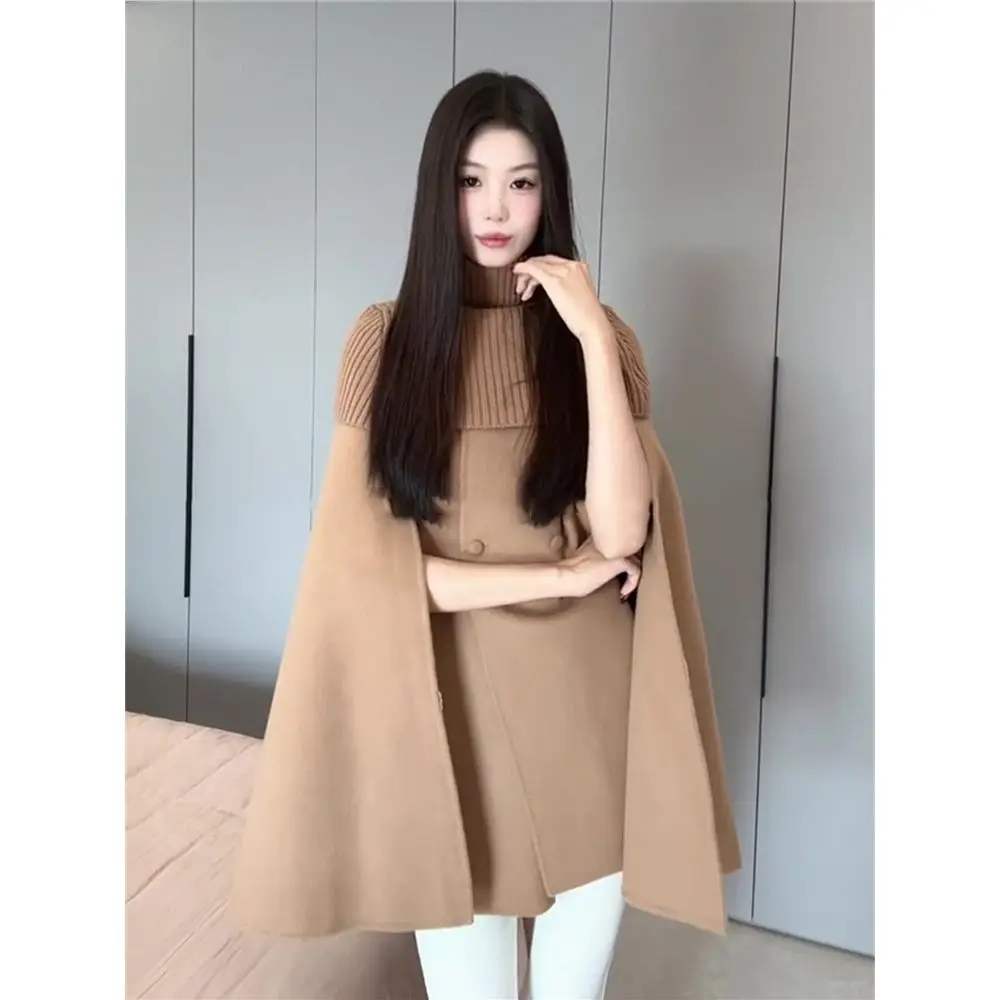 

High Neck Cape Wool Coat Women Fall Winter Luxury Design Elegant Lady Tweed Overcoat Fashion