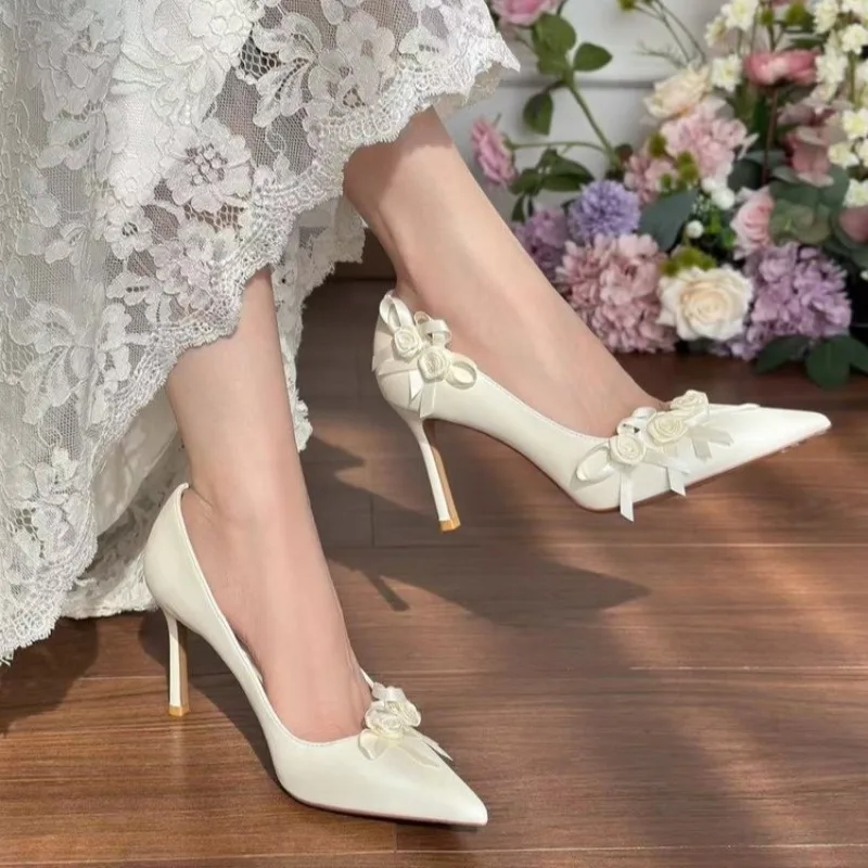 Bow Slim Heel Single Shoes Fashion Pointed Toe Shallow Mouth Flower Slip-on Non-Slip Heels