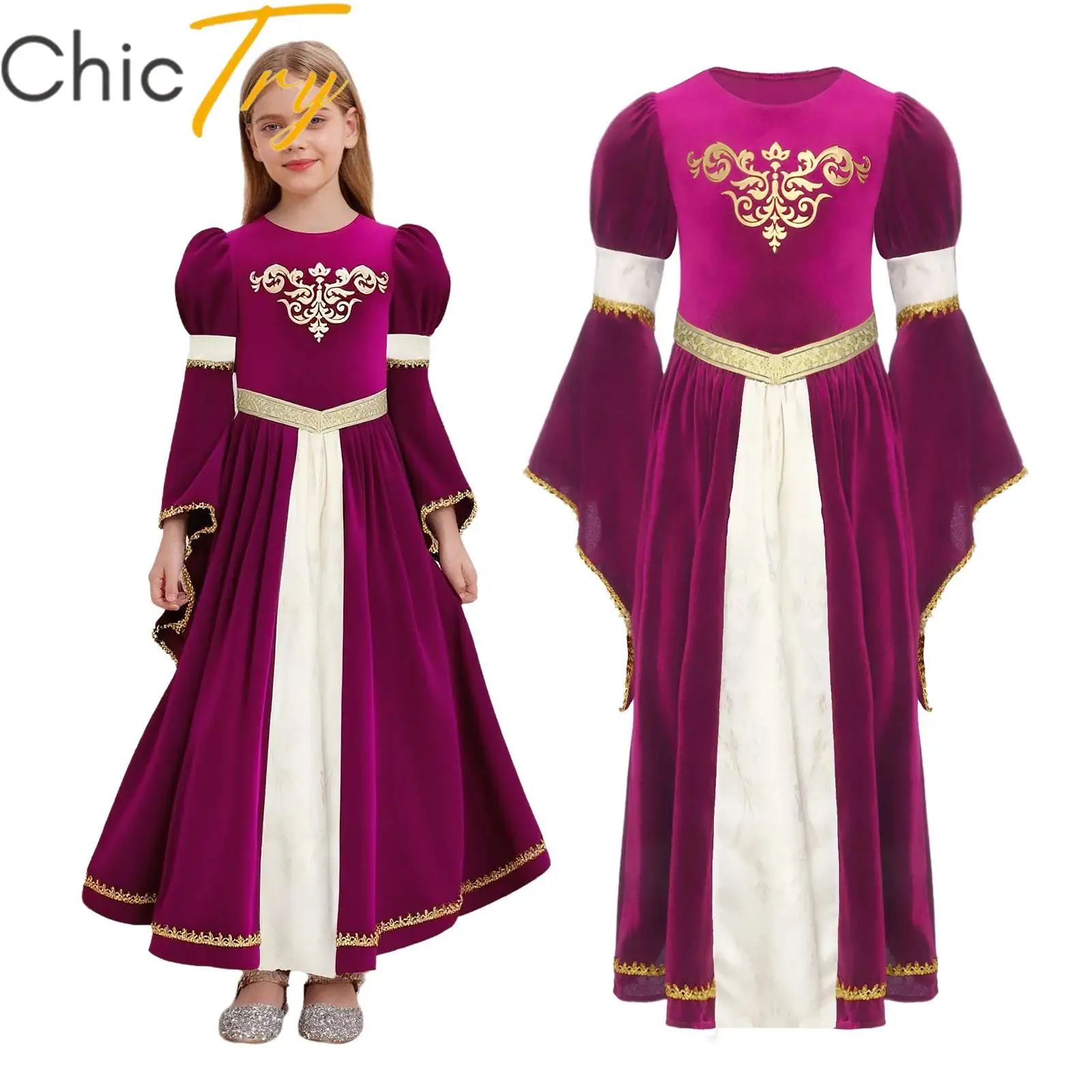

Kids Girls Medieval Renaissance Costume Halloween Cosplay Dress Band Design Ruffled Long Dress Carnival Fancy Roleplay Dress Up