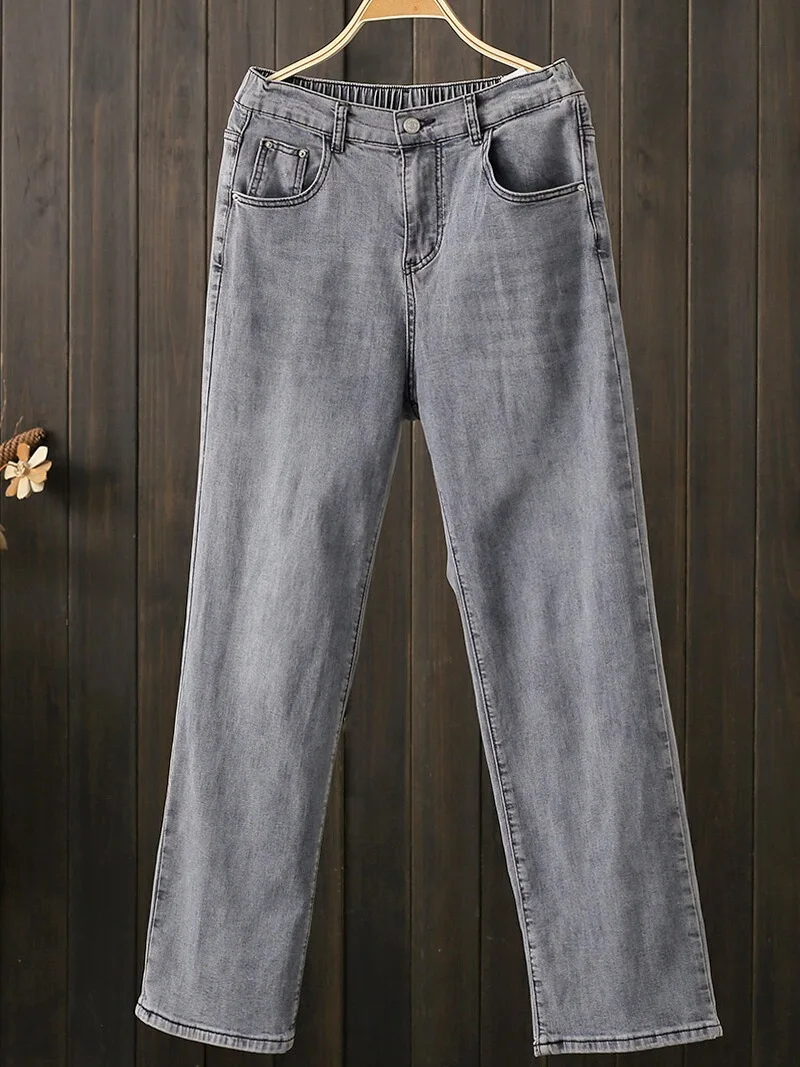 

Summer Vintage Large Size Women's Loose Straight Leg High Waist Jeans Floor Length Dad Harlan Pants Cotton Stretch Denim